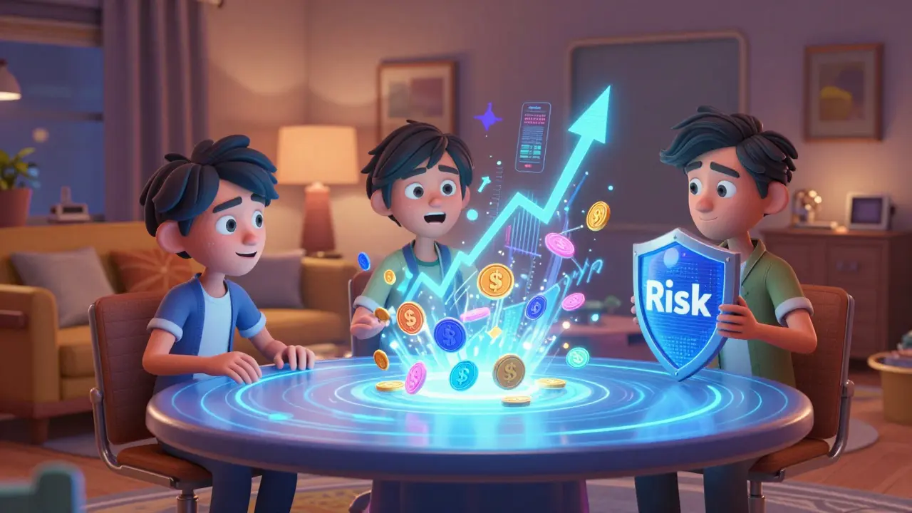 Animated characters analyzing swirling digital tokens on a holographic table
