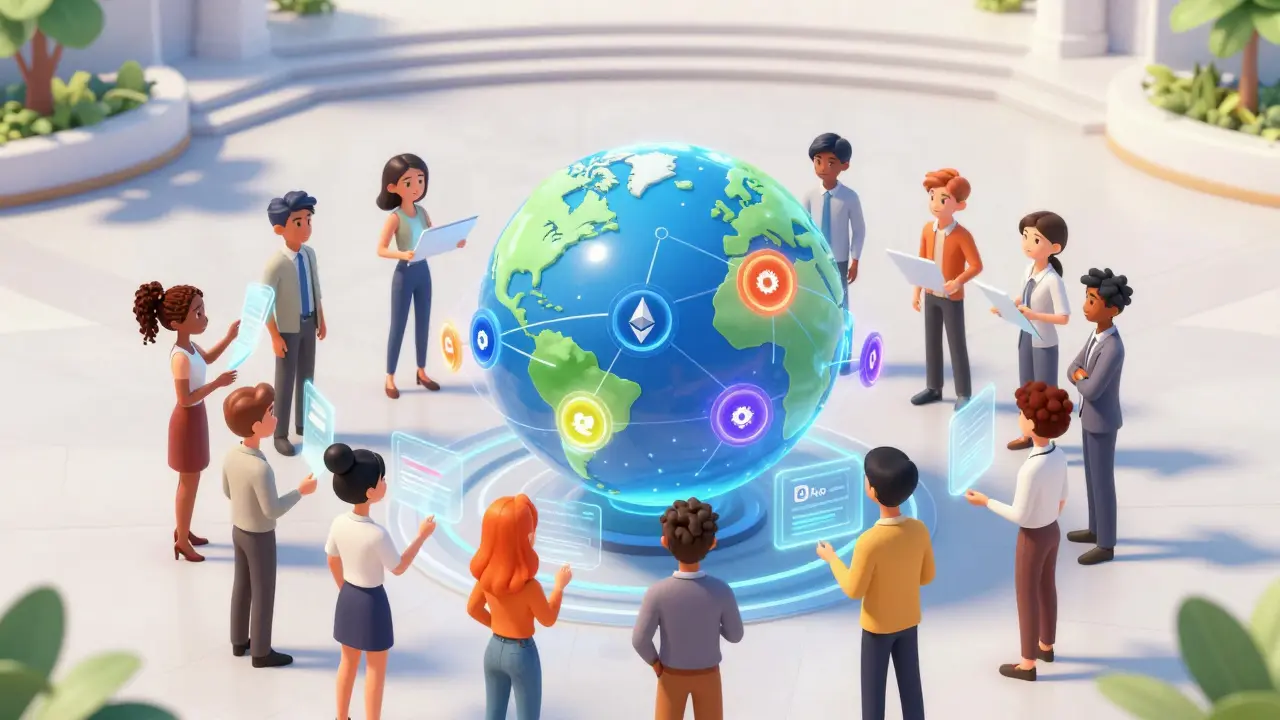 Animated group managing a holographic globe showing multi-chain blockchain networks.