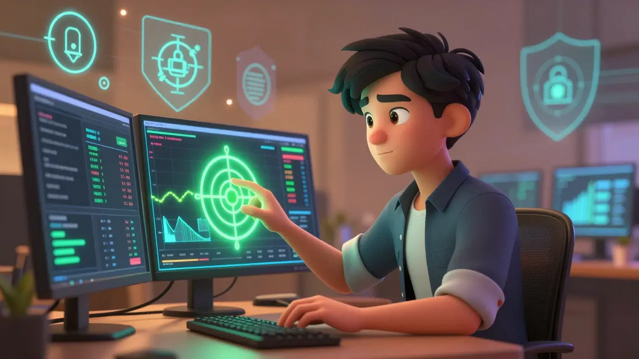 Animated trader placing a precise limit order on a blockchain interface