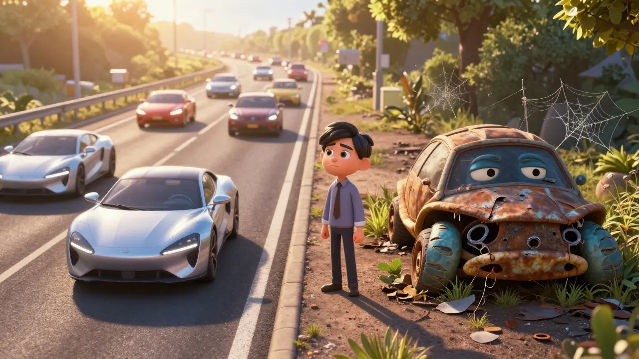Broken turtle car on highway shoulder vs busy road, Pixar style