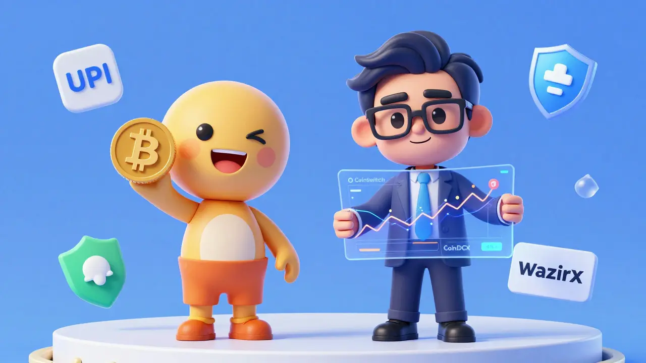 Cartoon characters representing beginner and pro crypto traders with phones.