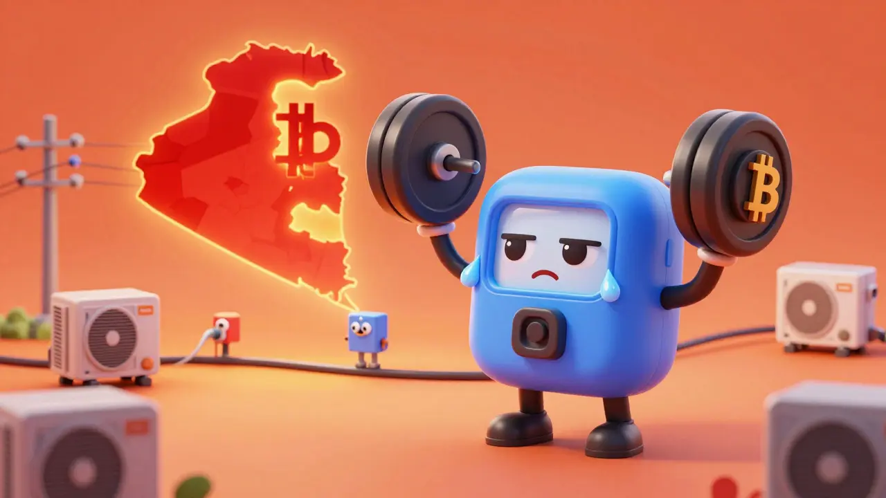 Cartoon electricity grid character struggling under the weight of crypto mining.