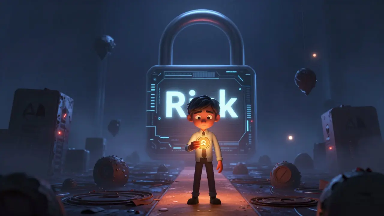 Cautious investor holding glowing token facing risks in dark landscape