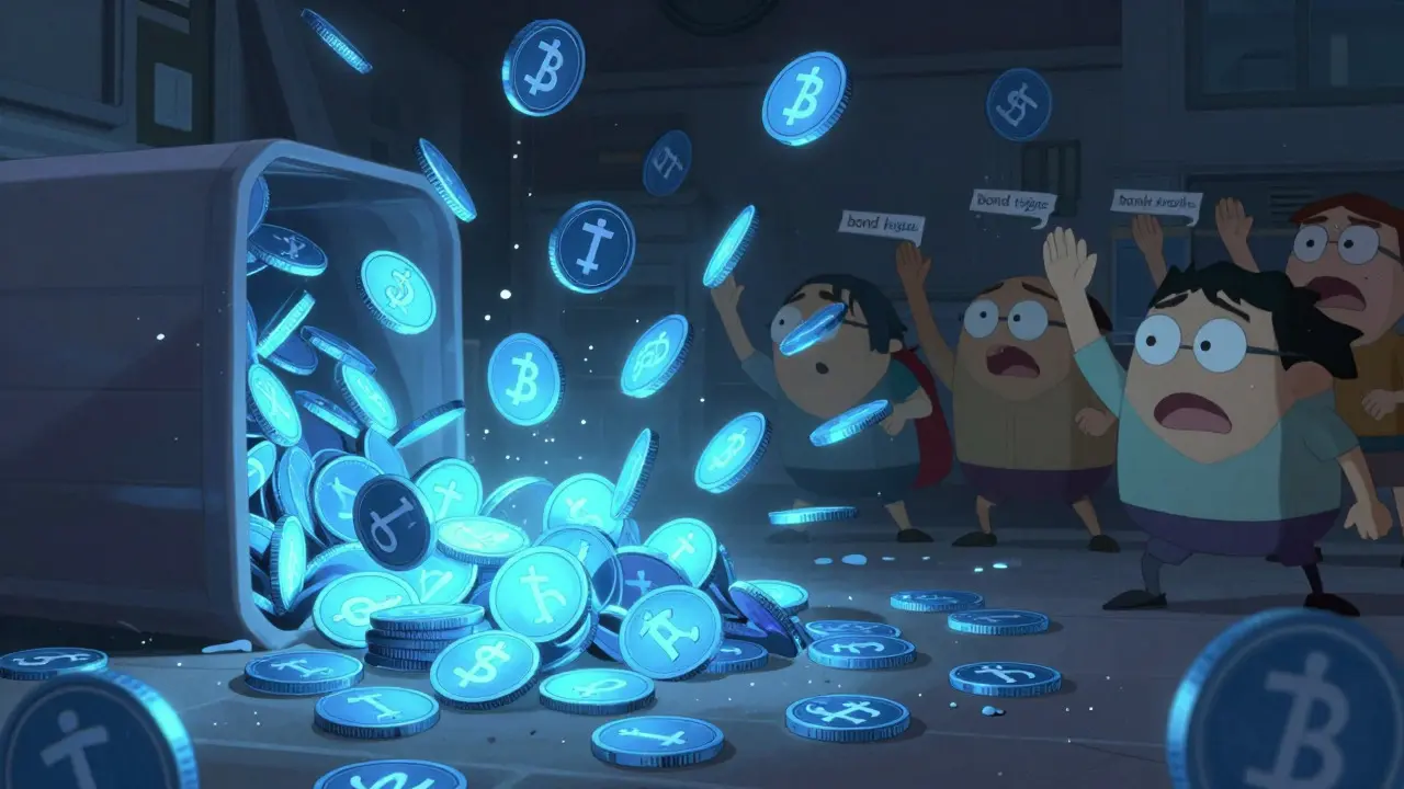Chaotic scene of overflowing coins and fading bonds in cool tones