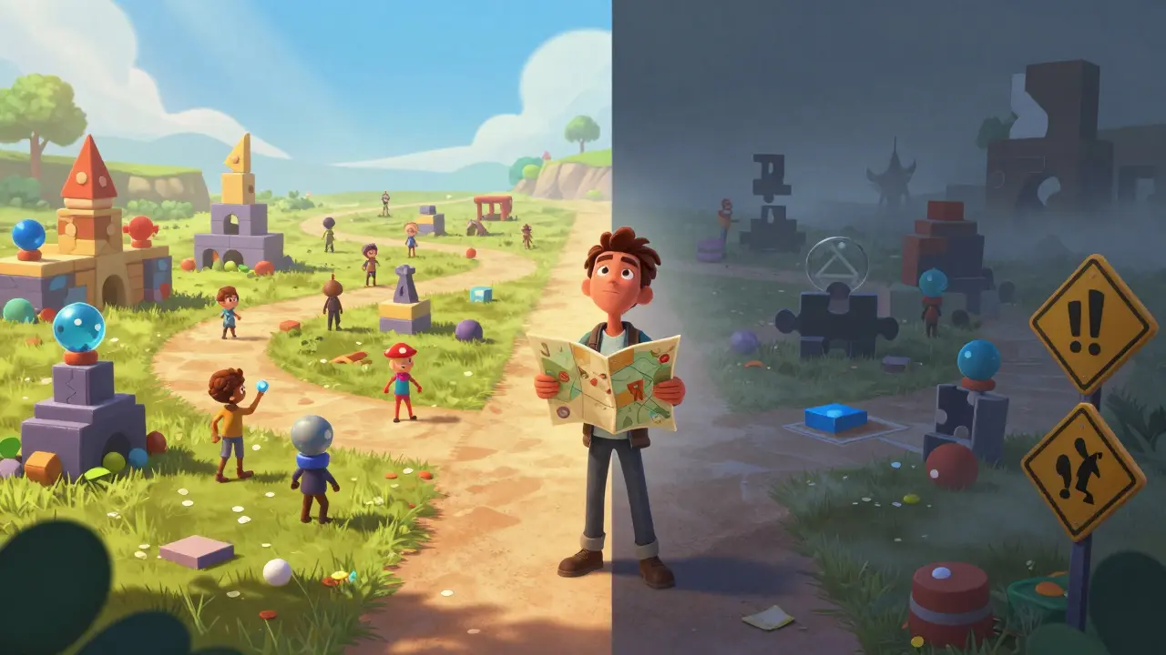 Character at a crossroads between gaming success and crypto risks.
