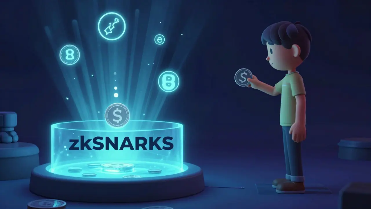 Characters exchanging coins through a magical privacy pool illustrating zkSNARKs.