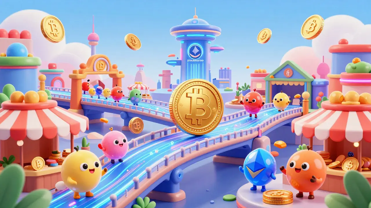 Colorful crypto coins connected by a tech bridge to a global headquarters tower.