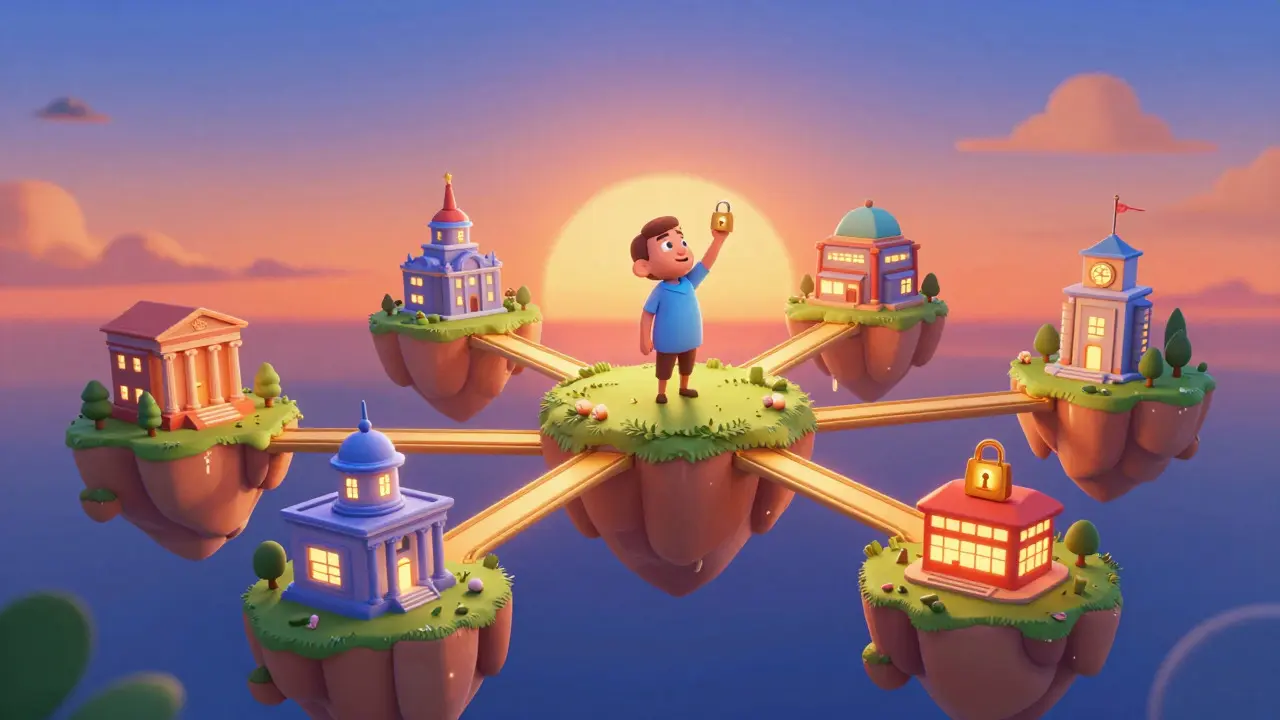 Connected islands with golden bridges representing decentralized identity standards