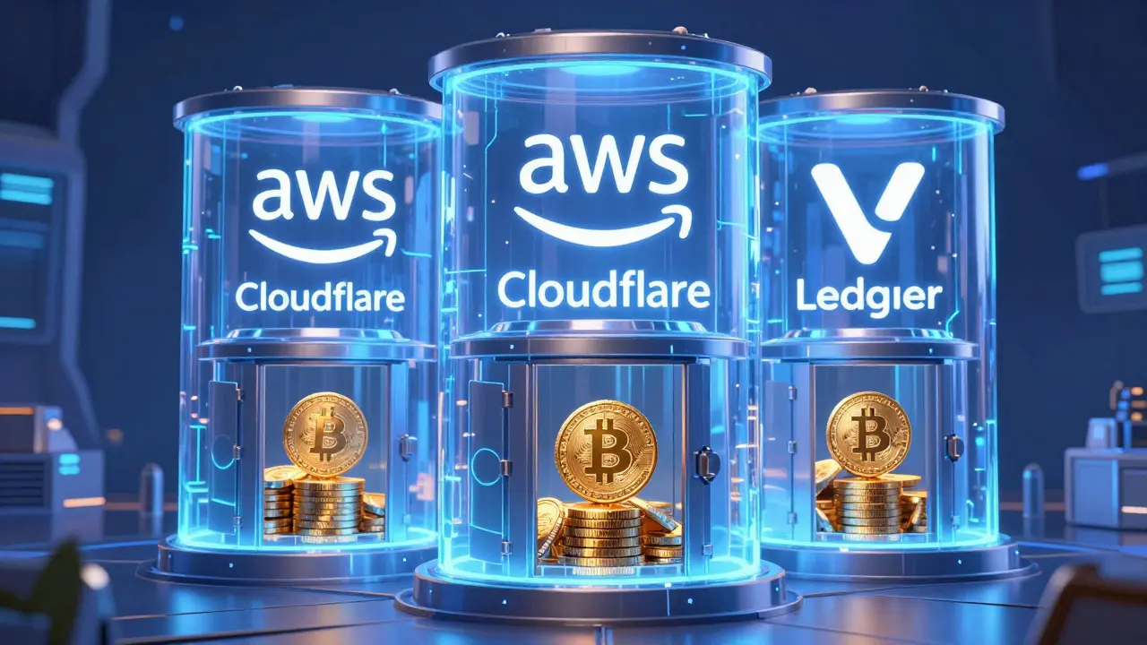 Cryptocurrency assets protected by layered digital security shields in a vault.