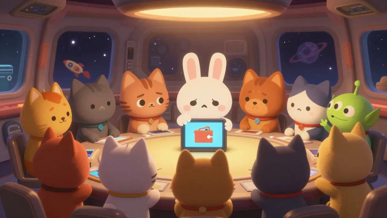 Cute animals voting to help a scam victim in a spaceship