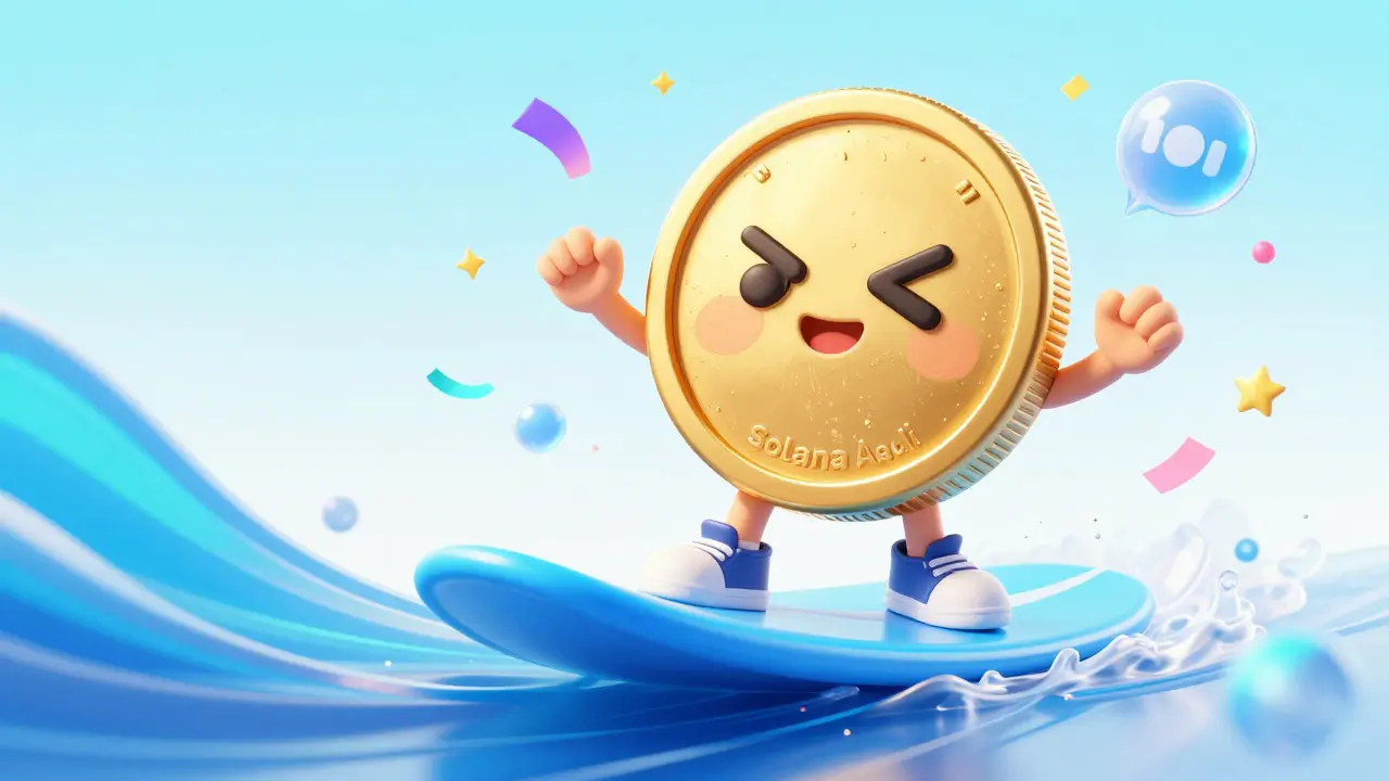 Cute golden coin character surfing on a blue light wave, representing fast transactions