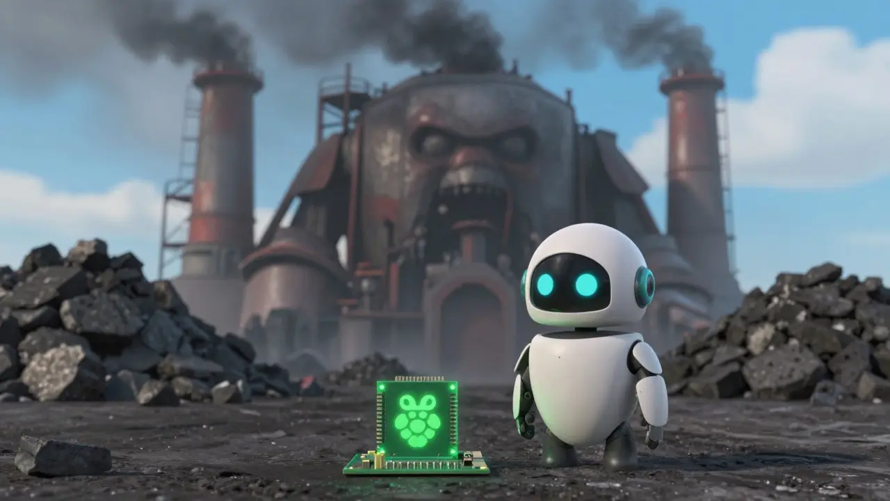 Cute robot with small device vs giant polluting mining factory cartoon