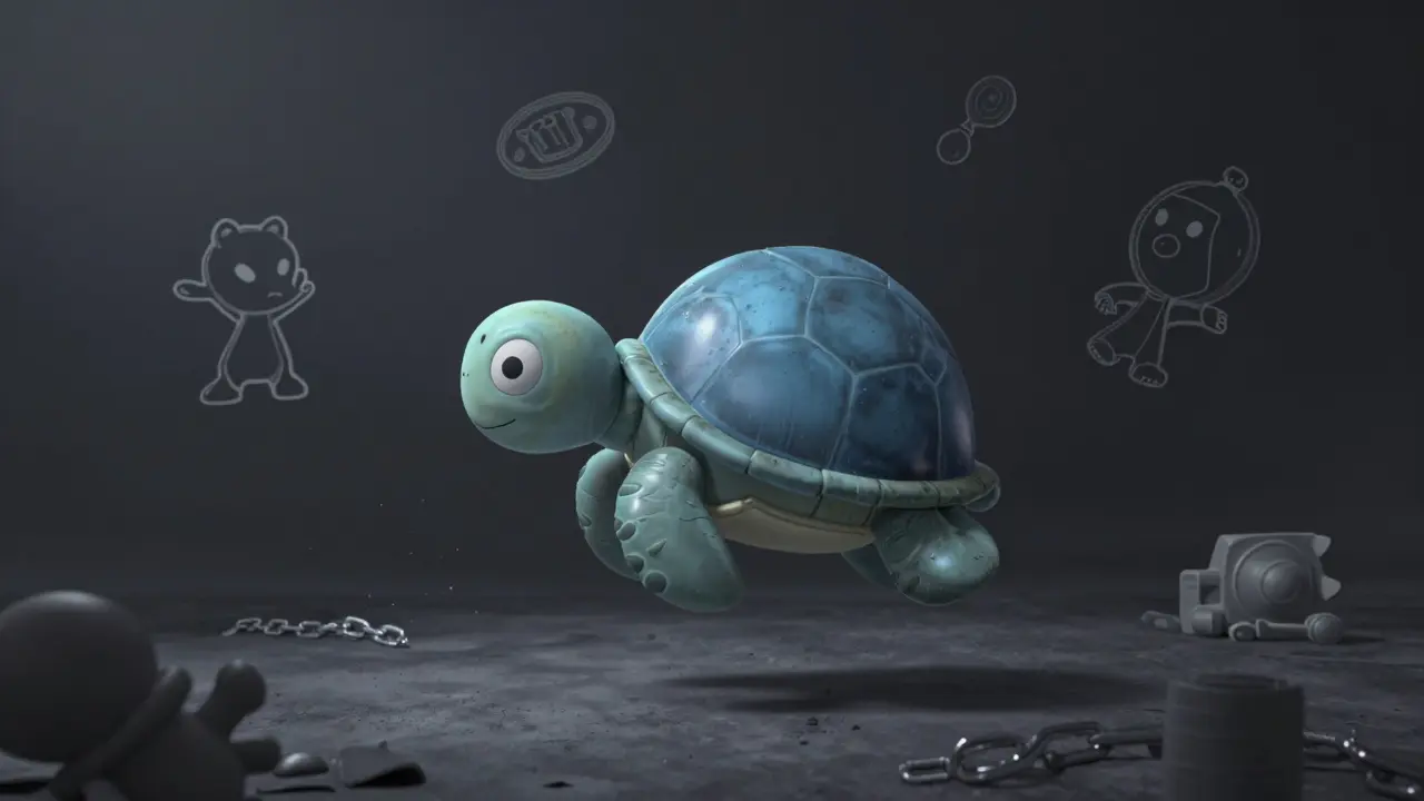 Deflated blue turtle balloon floating in a dark void, Pixar style