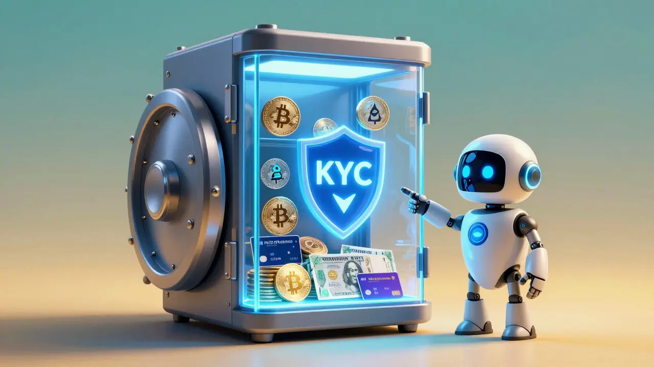 Digital vault securing crypto assets and Indian rupees with a robot helper.