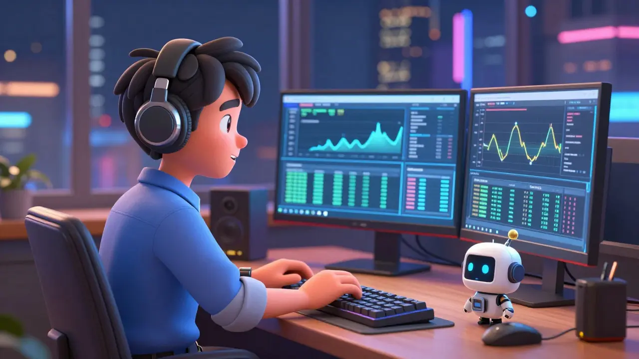 Focused trader at a desk with a robot hardware wallet companion