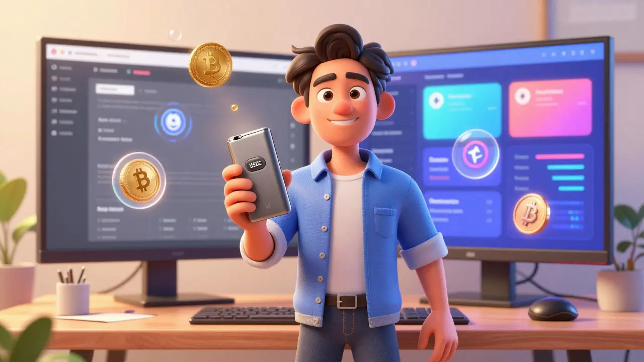 Founder holding hardware wallet with stablecoin icons and crypto dashboard