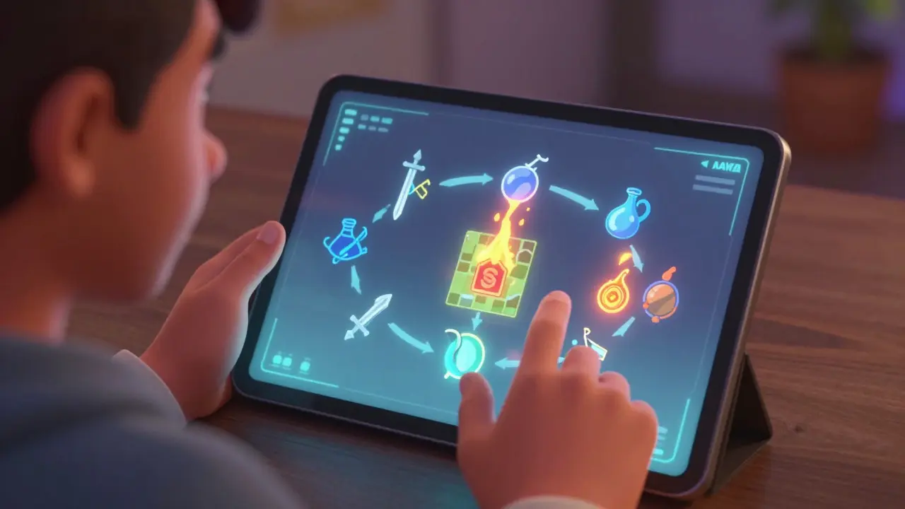 Gamer using a holographic interface to buy game items with utility tokens.