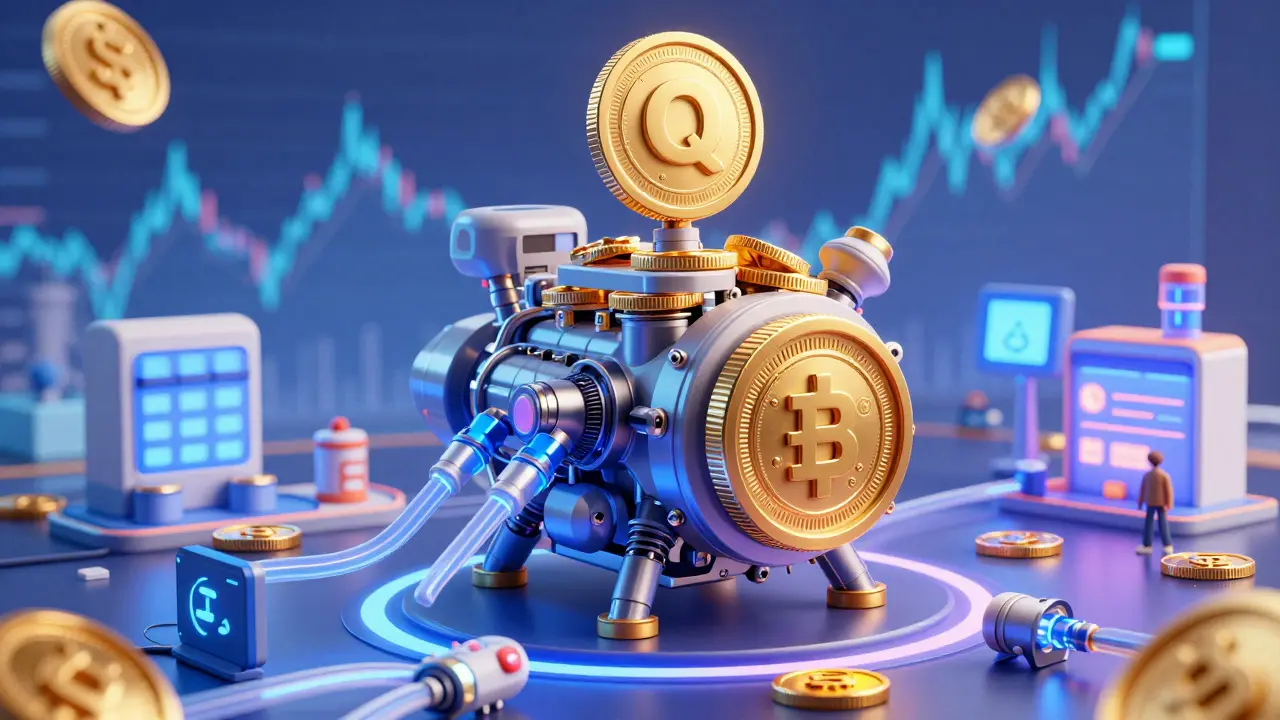 Golden token engine powering industries with glowing API connections