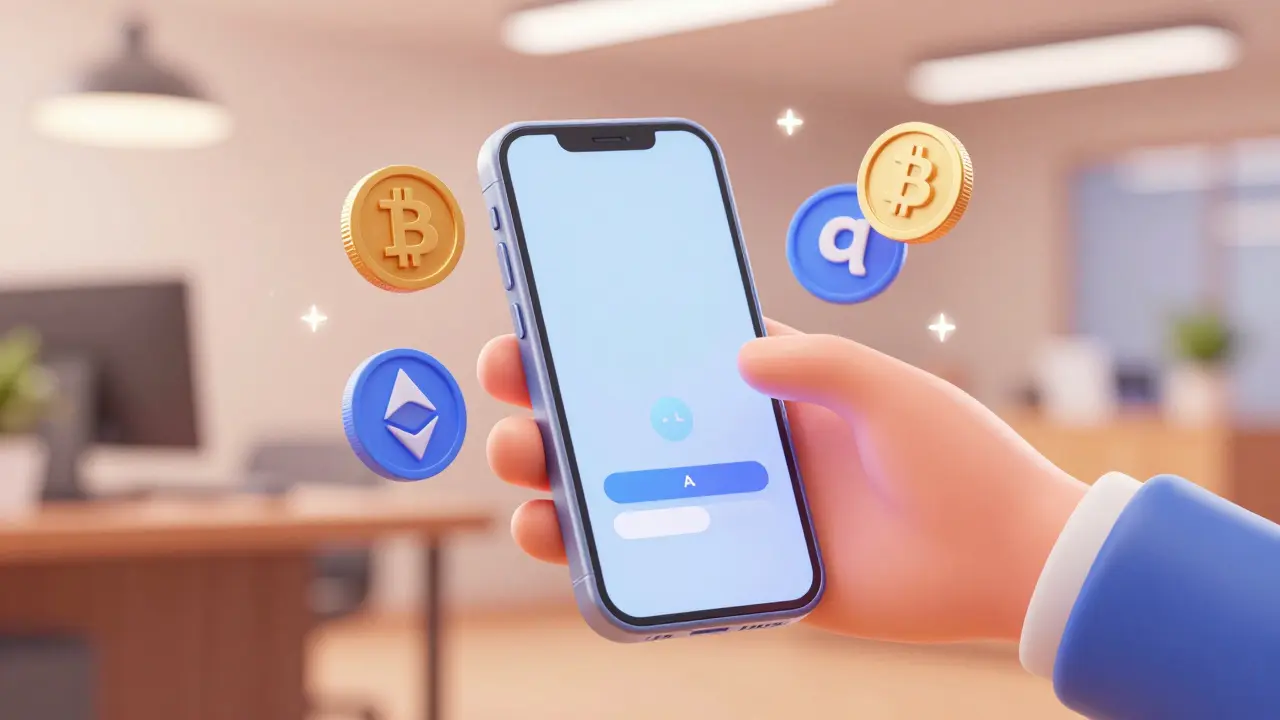 Hand touching a floating phone with holographic crypto and Naira icons.