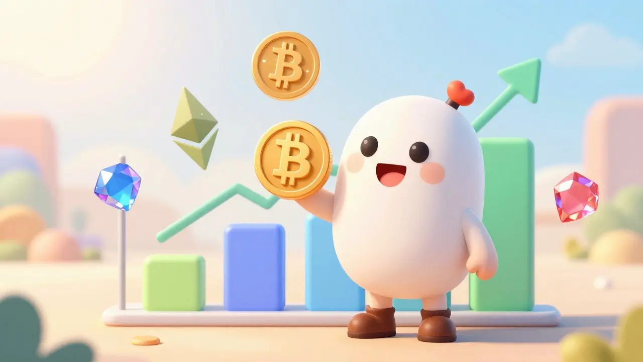 Happy investor holding a coin with floating crypto symbols in a bright room.