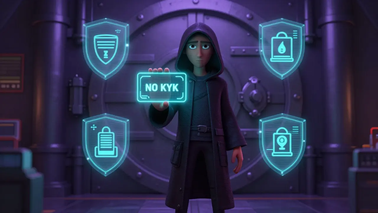 Hooded character holding a privacy keycard in a secure, high-tech vault