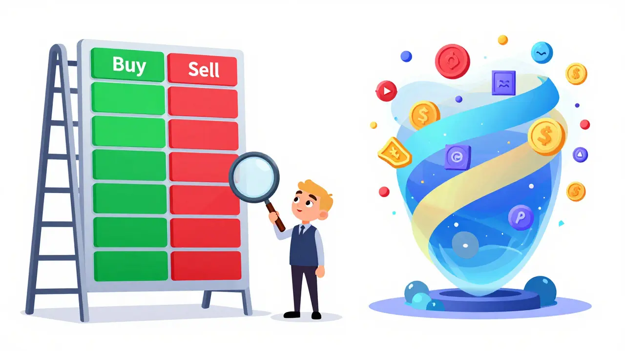 Illustration comparing order book structure vs AMM liquidity pool