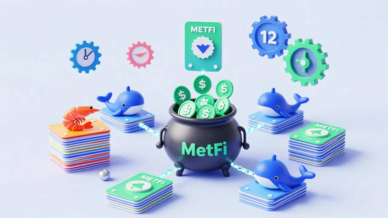 Illustration of NFTs and tokens flowing through a staking mechanism with compounding rewards.