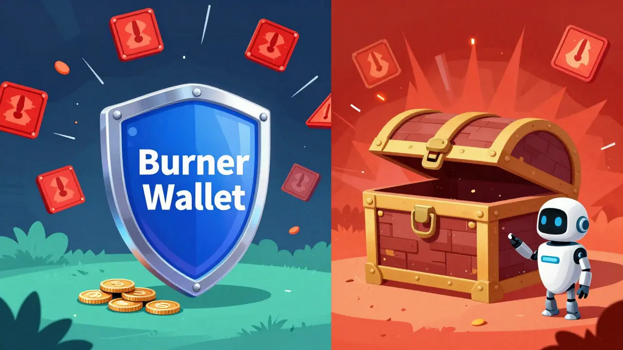 Illustration showing a burner wallet protecting assets from scam threats.