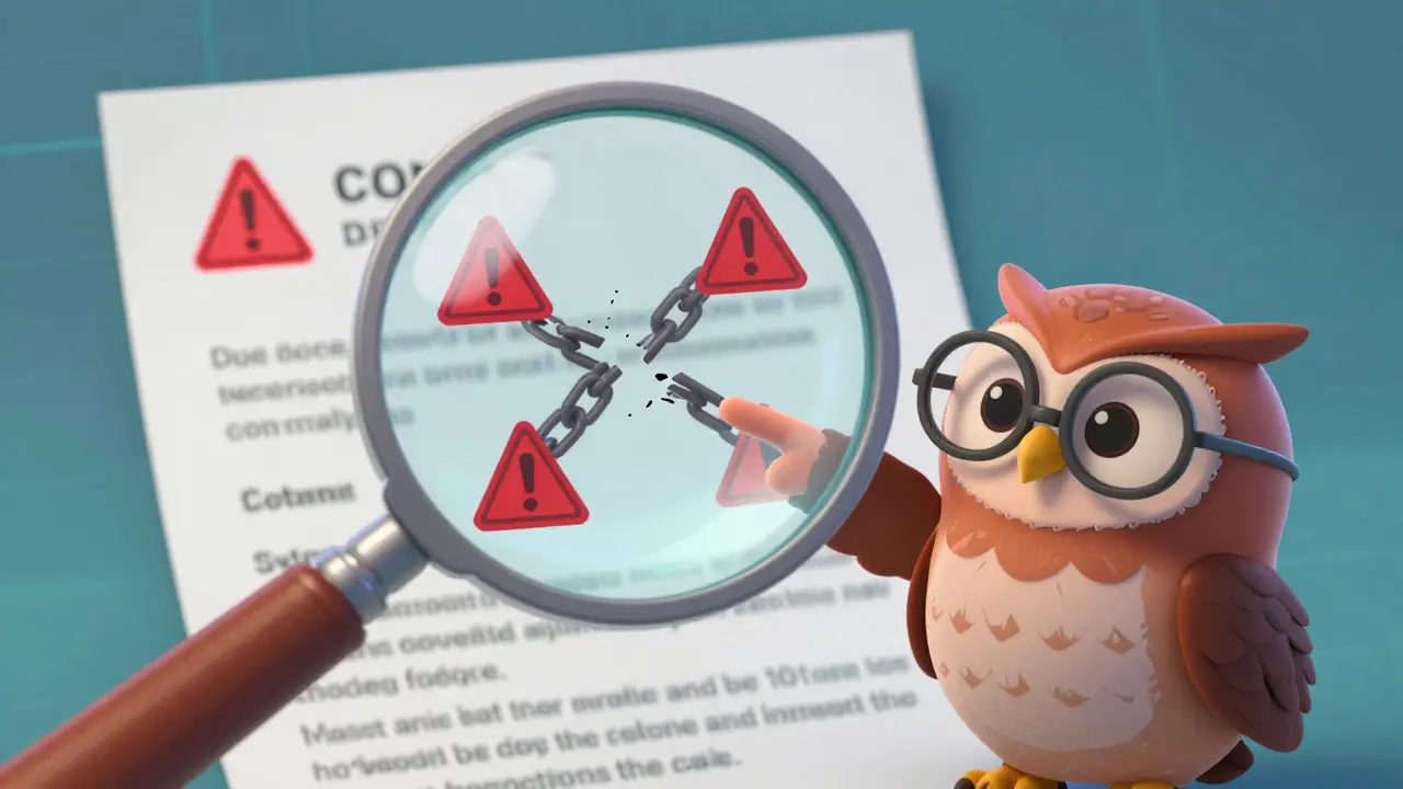 Magnifying glass revealing red flags in a digital contract