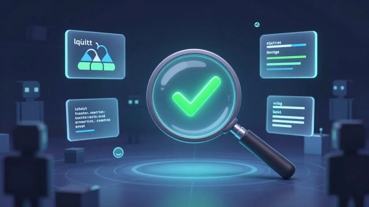 Magnifying glass verifying a safe smart contract in a digital landscape.
