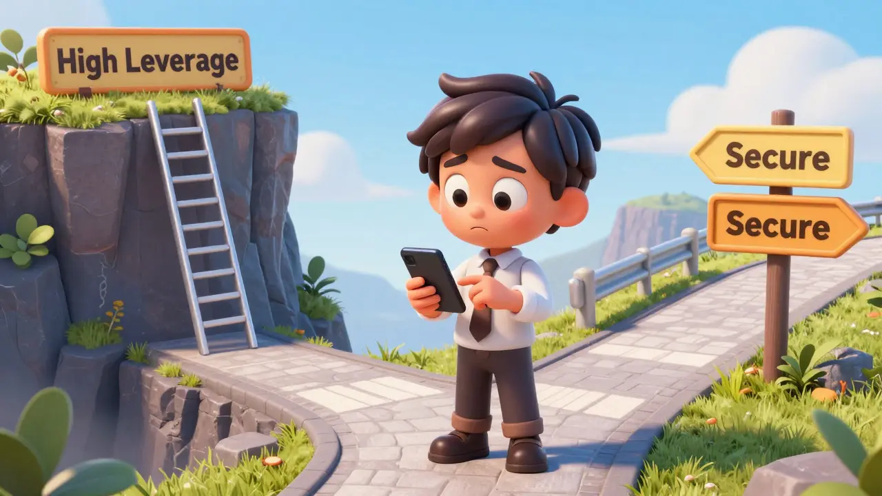 Novice trader facing risky leverage options in Pixar style