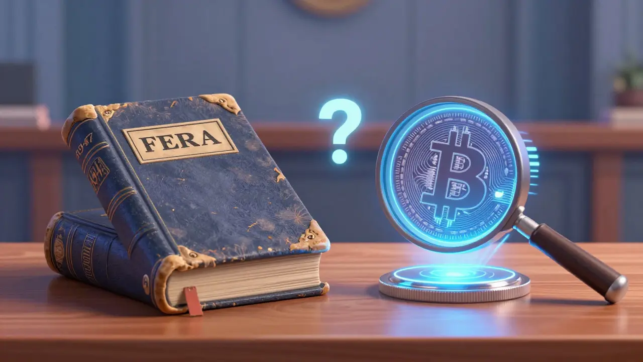 Old 1947 law book vs floating Bitcoin coin, highlighting legal loophole