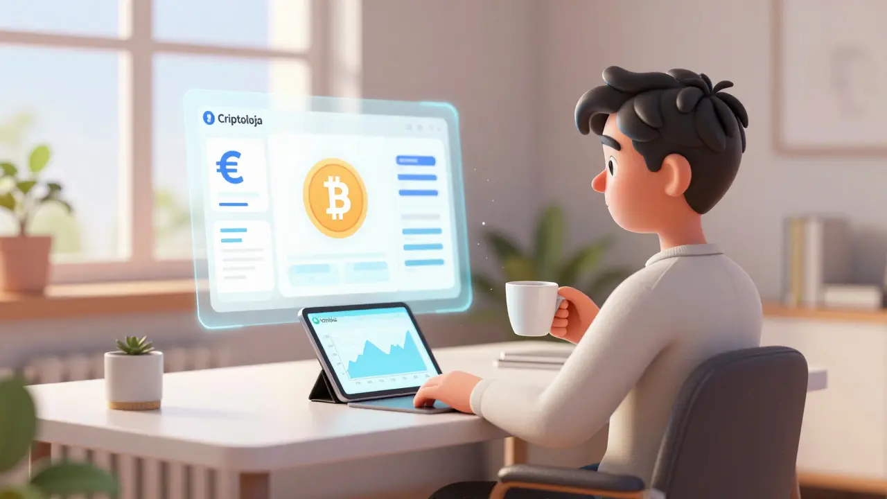 Relaxed person viewing a simple, clear crypto trading interface in a sunny room.