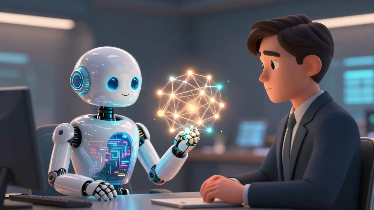 Robot and human analyzing AI data flows