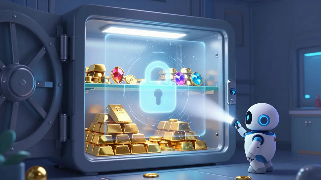 Secure vault protecting digital coins with a cute security robot