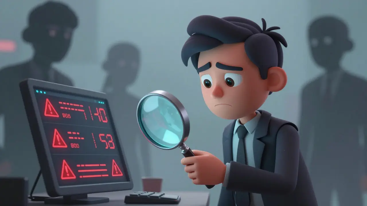 Skeptical investor examining risky crypto data with warning signs in the background.
