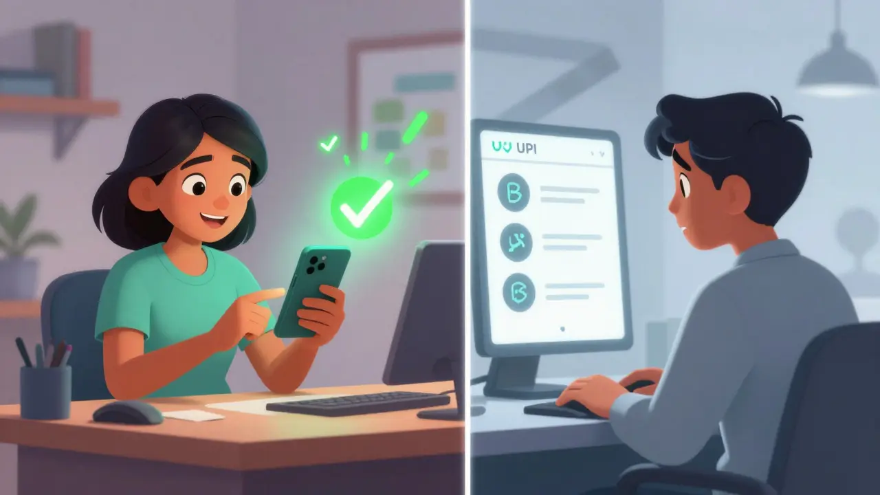 Split view showing easy Indian UPI payments vs limited global access