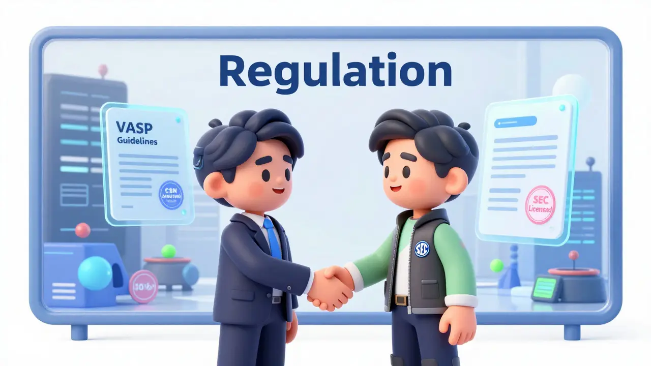Symbolic handshake between regulators representing new crypto licensing rules