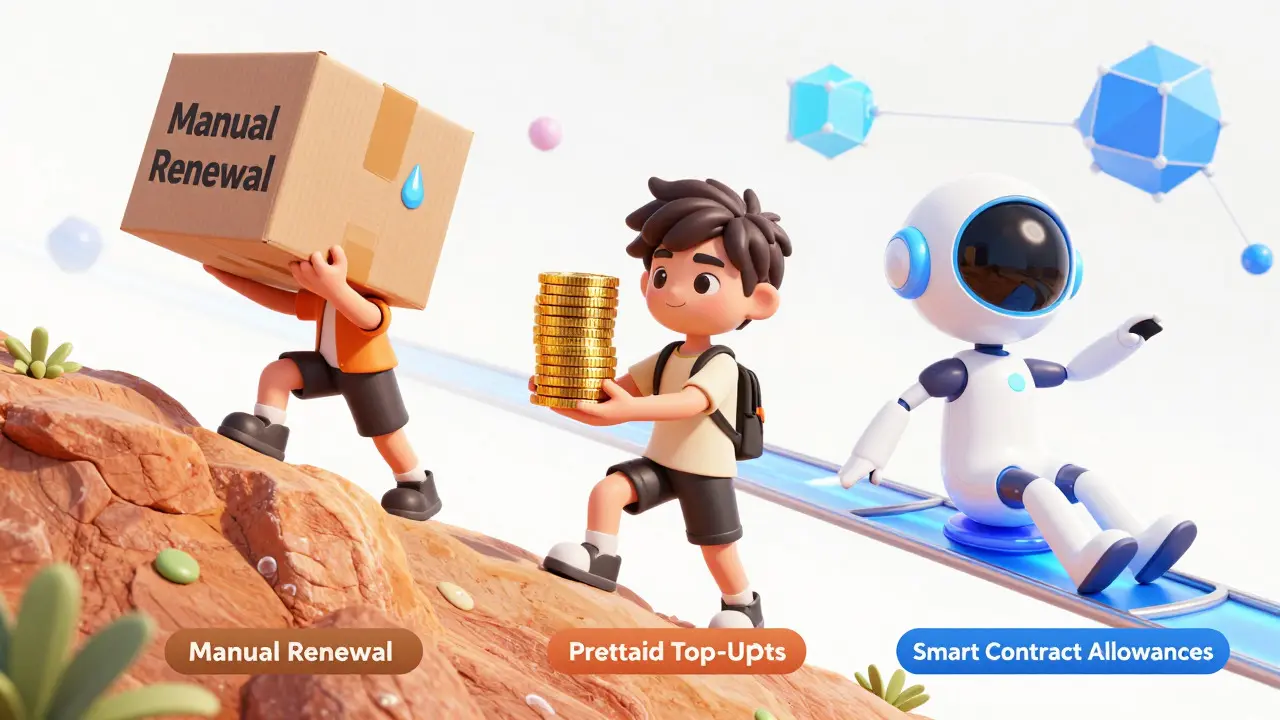 Three characters illustrating manual, prepaid, and smart contract payment models