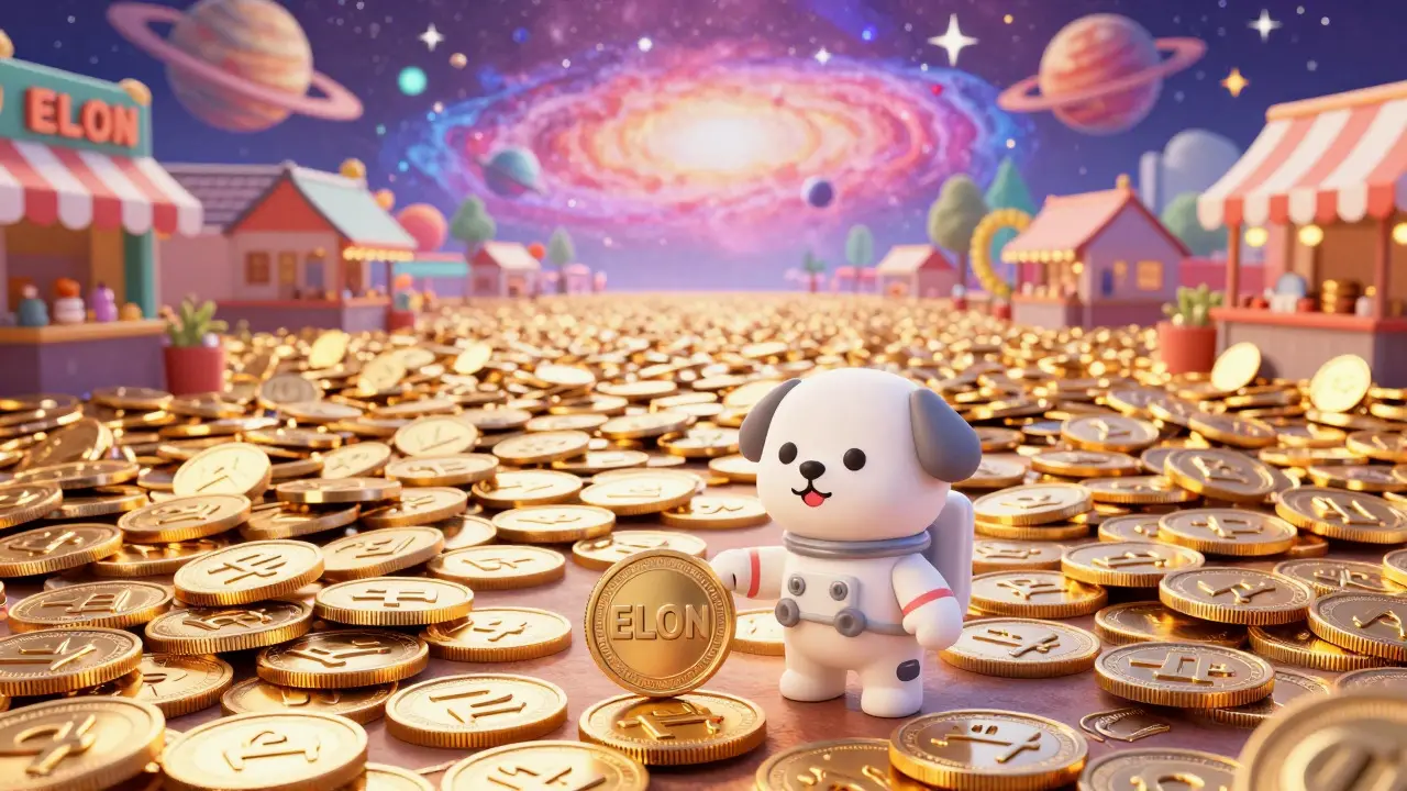 Tiny astronaut dog next to endless sea of coins in space