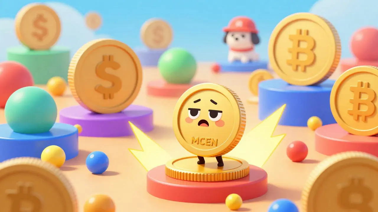 Tiny meme coin character among larger crypto tokens in digital sea