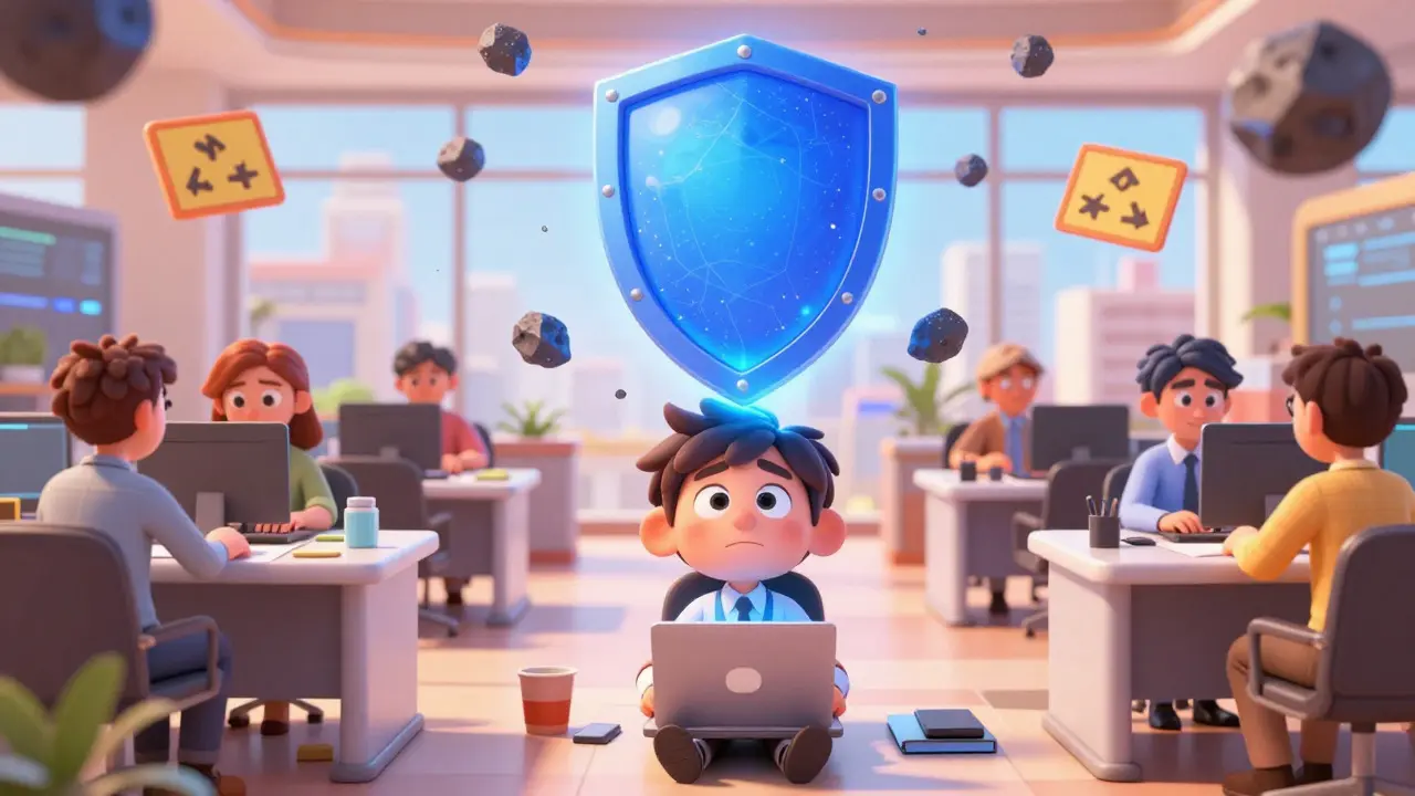 A 3D cartoon scene of a trader protected by a glowing shield from falling rocks, symbolizing reduced tax burden and security.