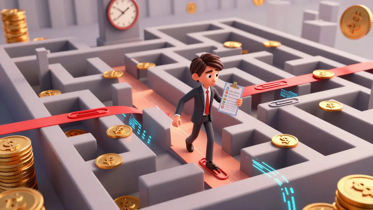 A cartoon entrepreneur navigating a maze of coins and paperwork representing licensing