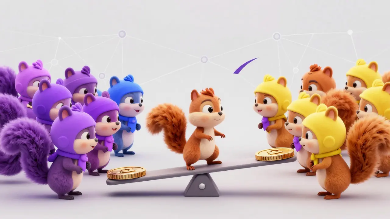 A confused cartoon squirrel balancing on a seesaw between two groups of squirrels