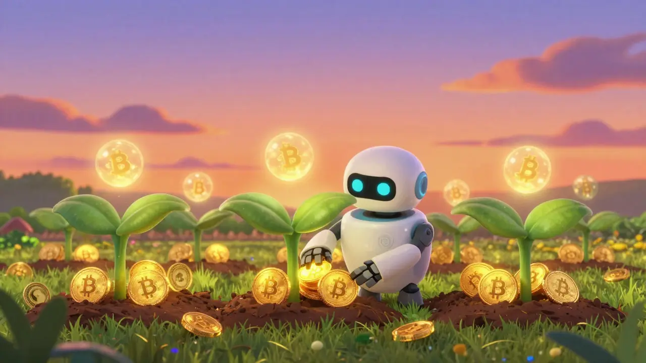 A friendly robot farmer tending to glowing crypto tokens in a magical, sunset-lit farm