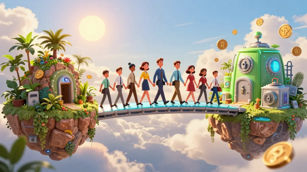 A Pixar-style concept art of people crossing a digital bridge from an old commodity island to a futuristic financial hub.