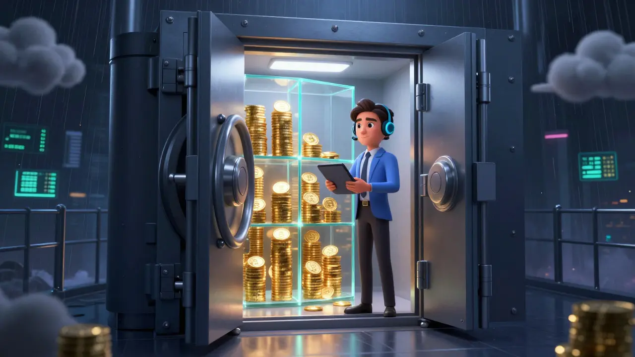 A secure vault protecting digital assets from external chaos in a cartoon style