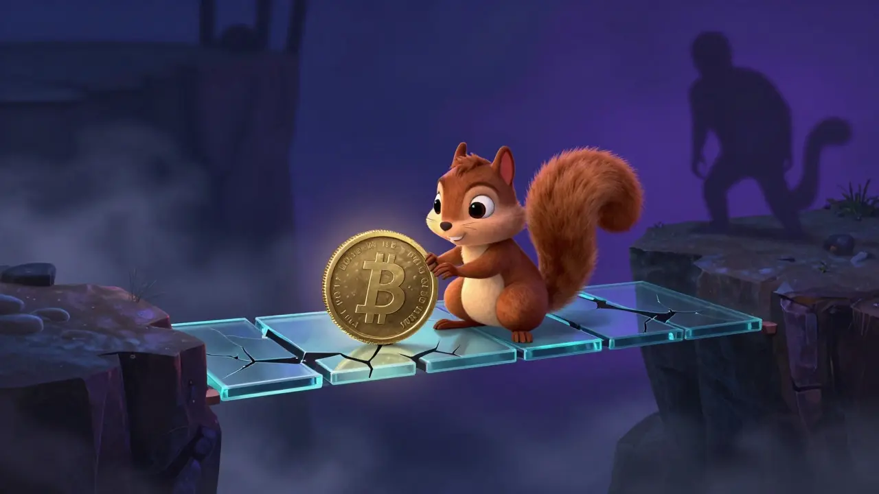 A small cartoon squirrel sitting on a cracking glass bridge over a dark chasm