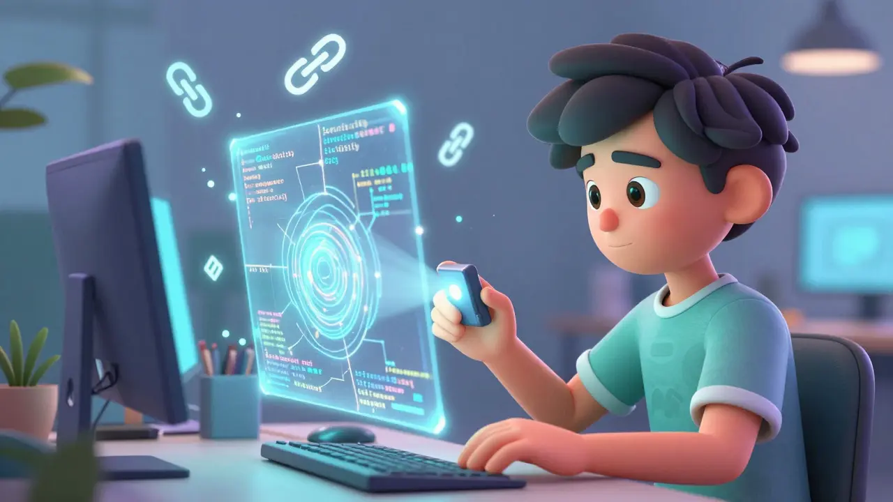 A stylized developer interacting with a holographic code web representing cross-chain smart contracts