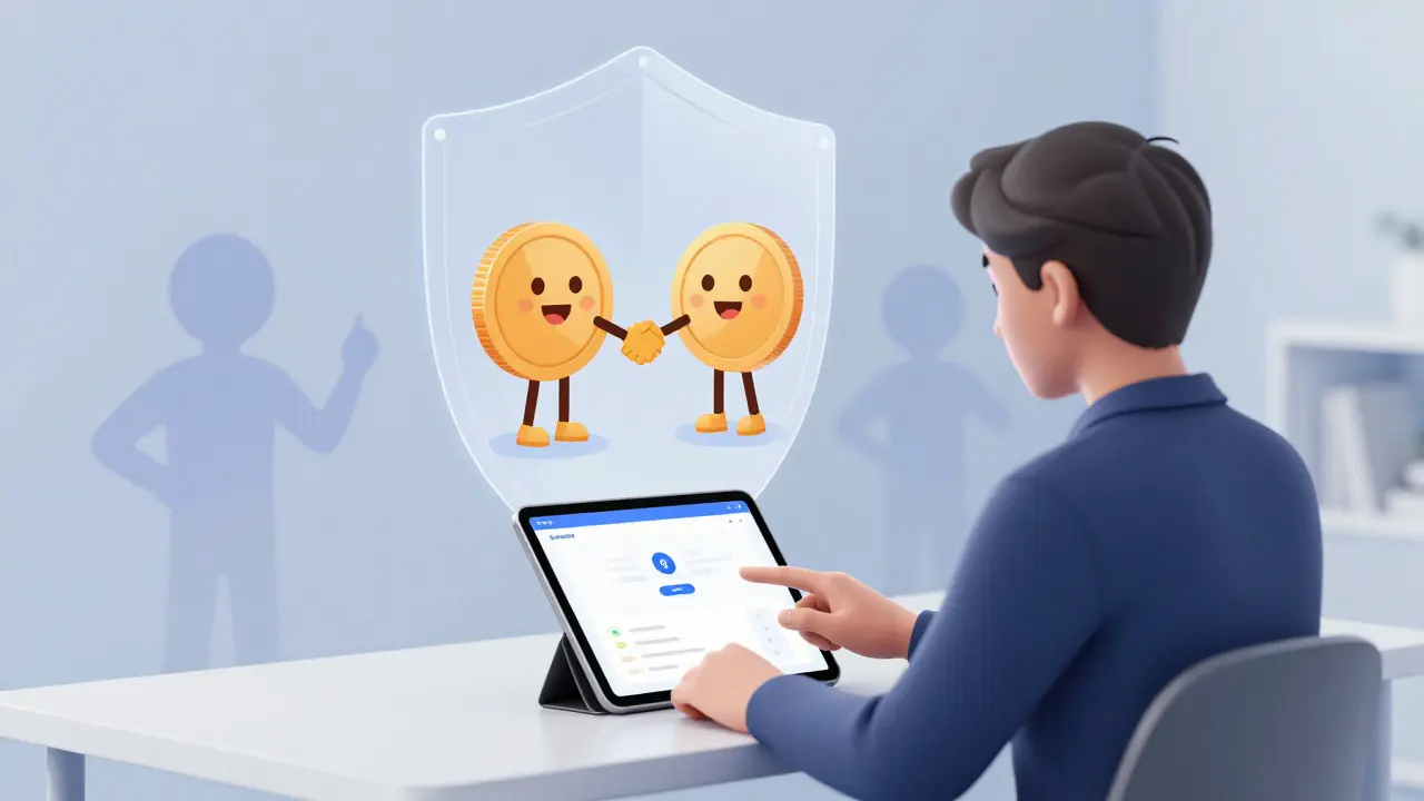 A user safely managing crypto swaps on a device with protective security visuals